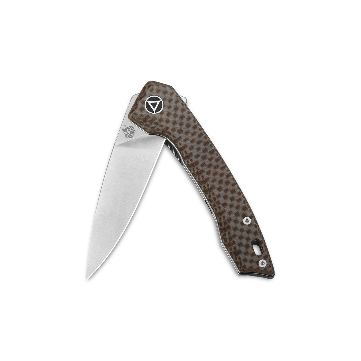QSP Leopard Liner Lock Pocket Knife with brown Micarta handle and clip point blade.
