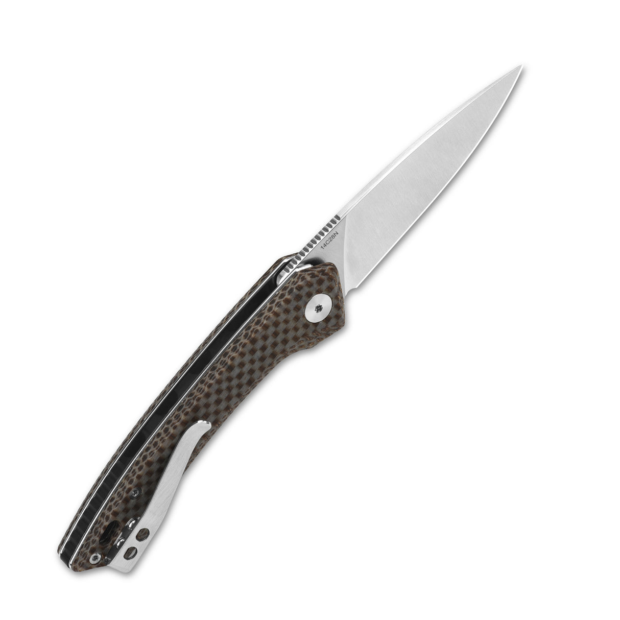 QSP Leopard Liner Lock Pocket Knife with brown Micarta handle and clip point blade.