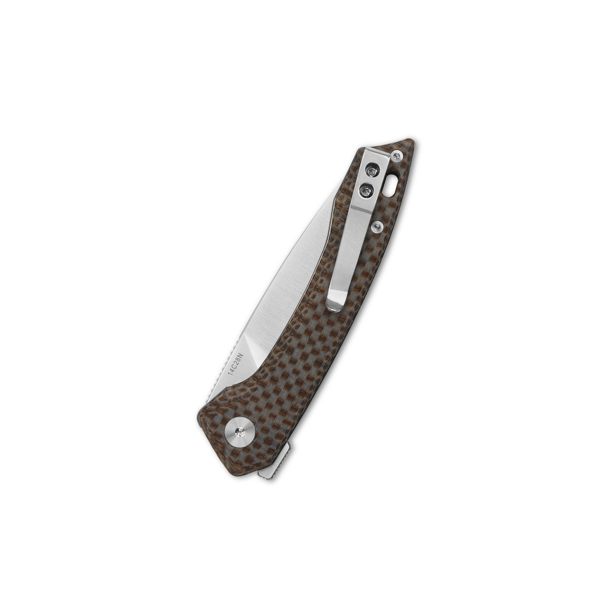 QSP Leopard pocket knife with brown Micarta handle and clip point 14C28N blade.