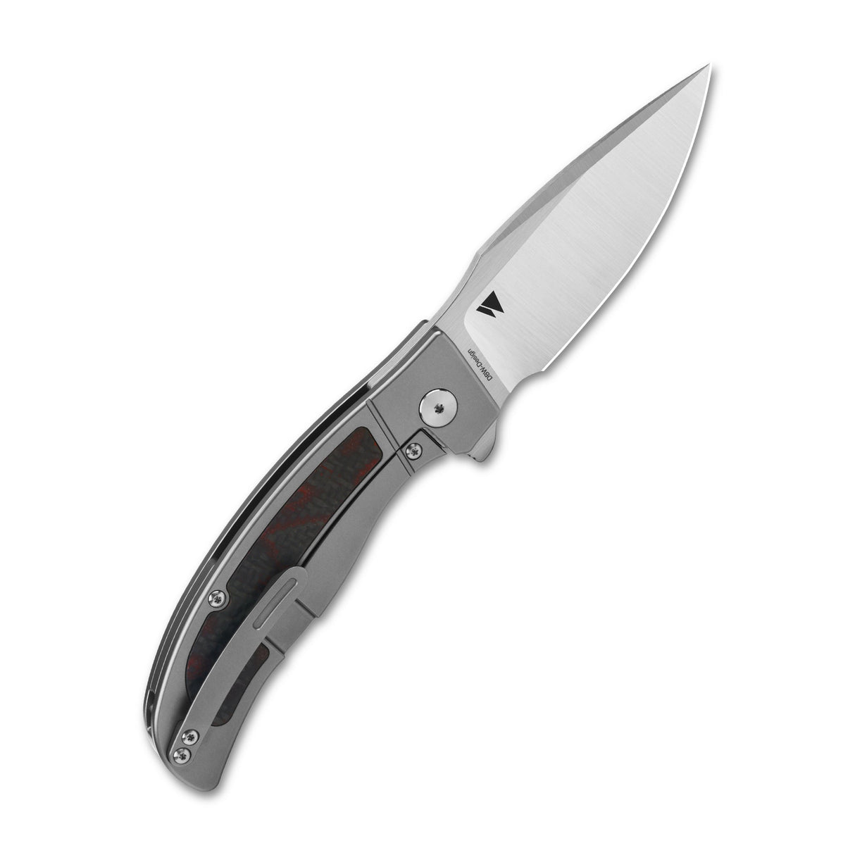 QSP Legatus pocket knife with polished M390 blade and titanium handle featuring red G10 inlay