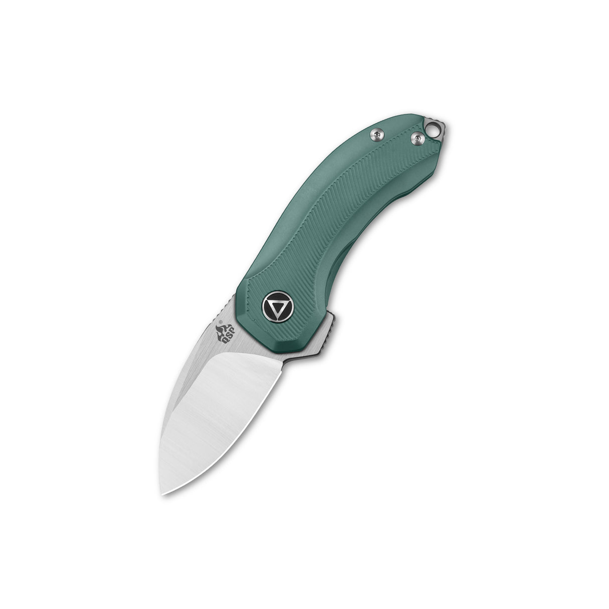 QSP Hamster pocket knife with green G10 handle and S35VN blade, open view.