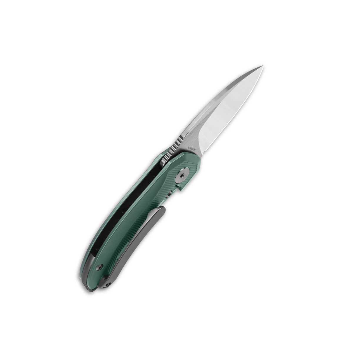 QSP Hamster pocket knife with green G10 handle and drop point S35VN blade, open.