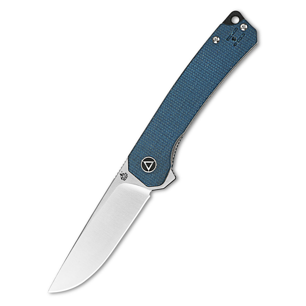 QSP Osprey pocket knife with textured blue Micarta handle and satin 14C28N blade