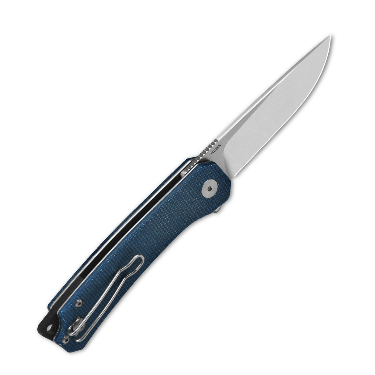 QSP Osprey pocket knife with blue Micarta handle and satin 14C28N drop point blade