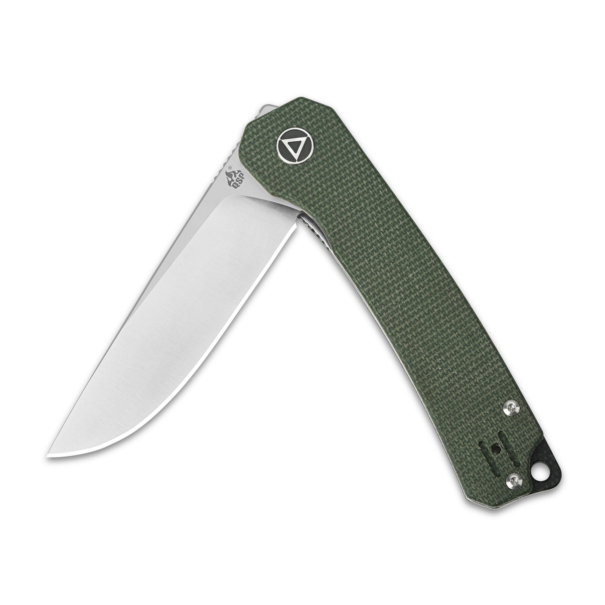 Closed QSP Osprey pocket knife with green Micarta handle and satin 14C28N blade