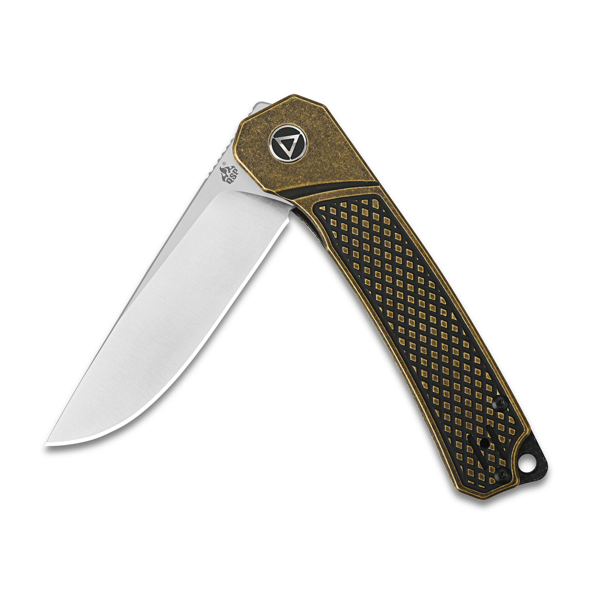 QSP Osprey pocket knife featuring brass and textured grip with drop point blade