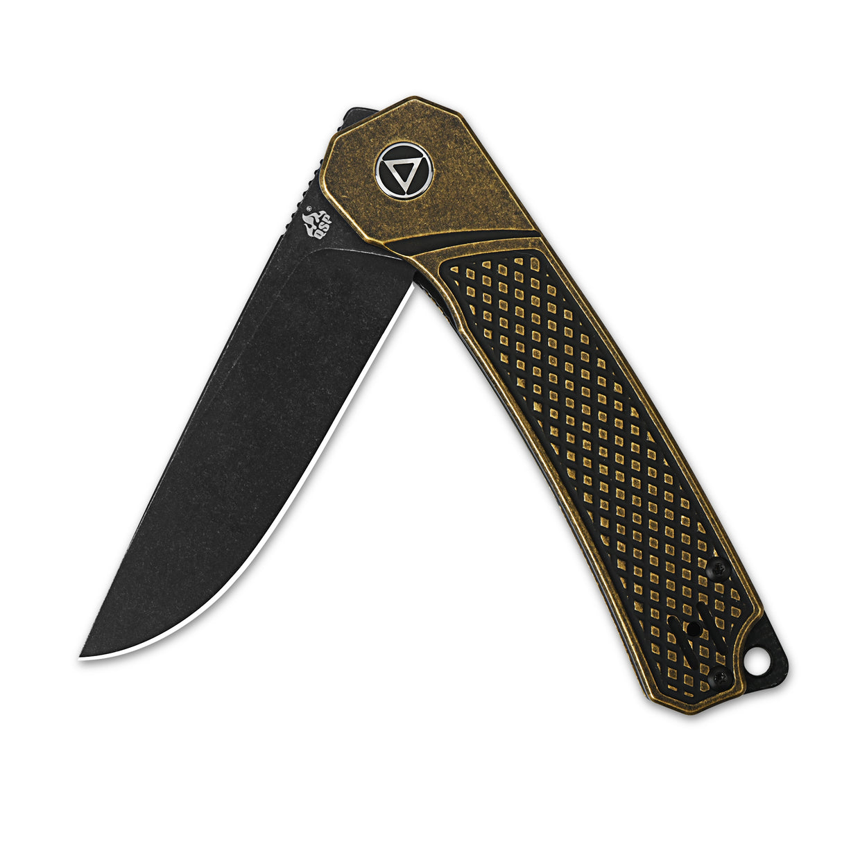 QSP Osprey pocket knife with textured brass handle and black 14C28N drop point blade