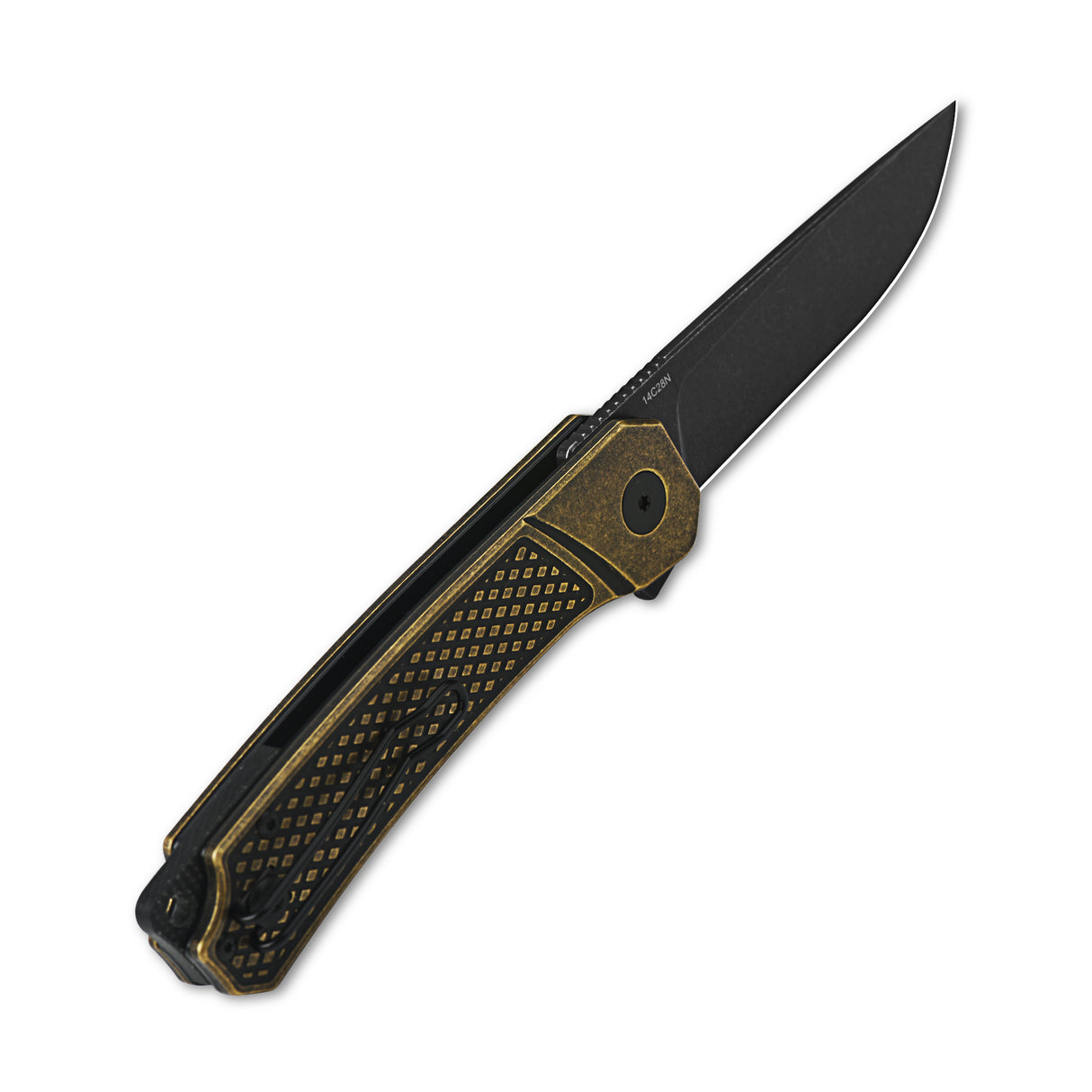 QSP Osprey pocket knife with brass handle and black drop point blade