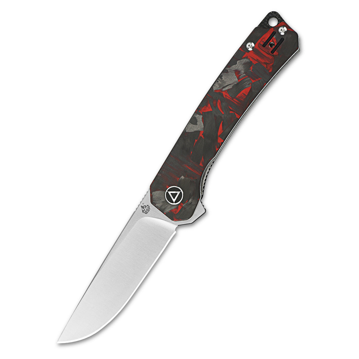 QSP Osprey pocket knife with red shredded carbon fiber handle and drop point blade.
