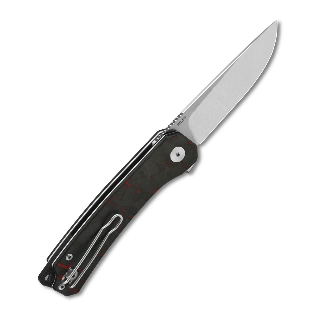 QSP Osprey pocket knife with sleek drop point blade and red shredded carbon fiber overlay.