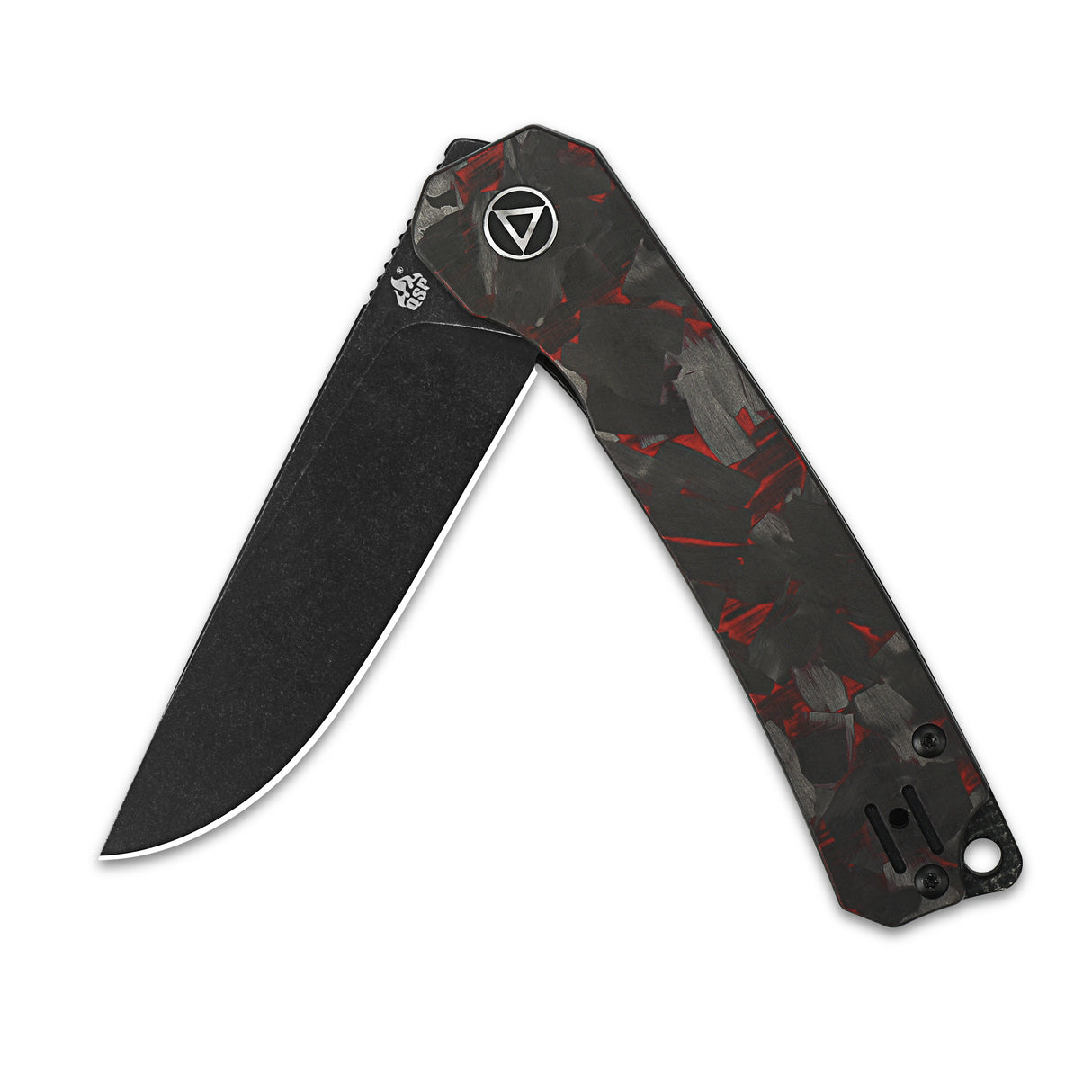 QSP Osprey pocket knife with drop point blade and red-black carbon fiber G10 handle.