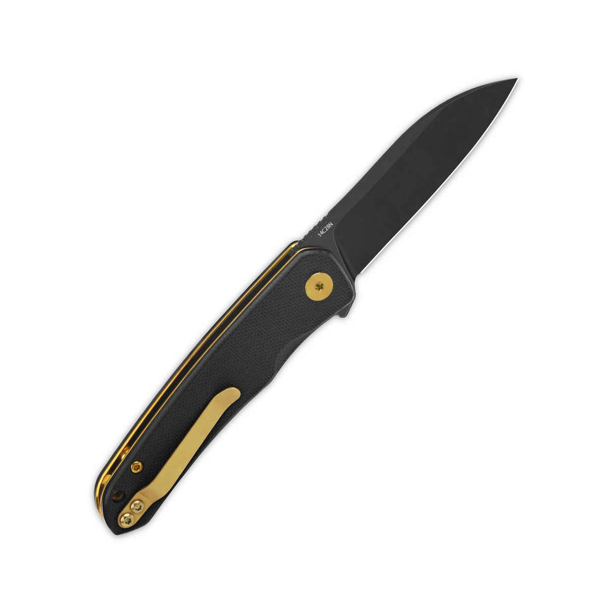 QSP Otter pocket knife closed, featuring black G10 handle and gold pocket clip.