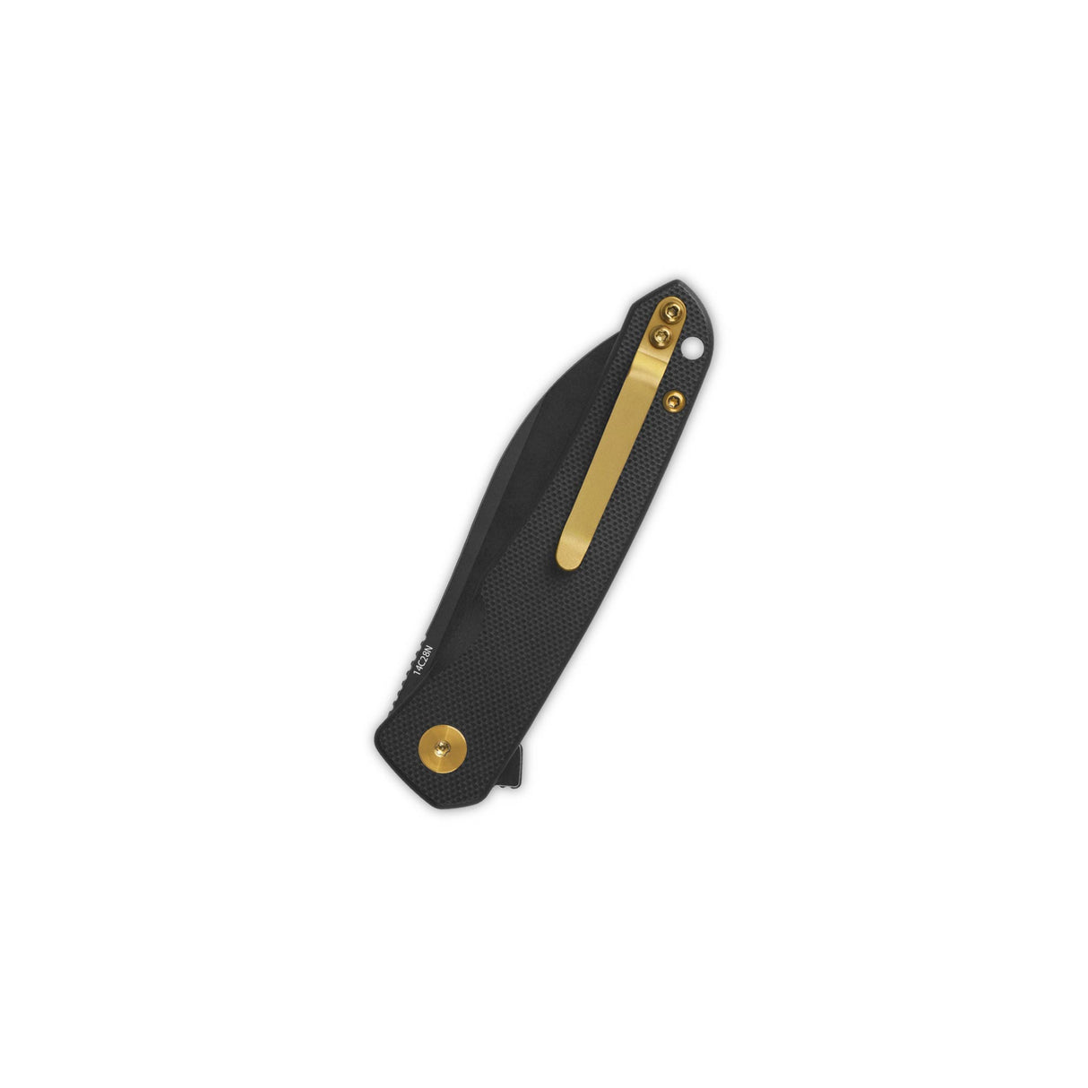 Closed QSP Otter pocket knife with black G10 handle and gold pocket clip