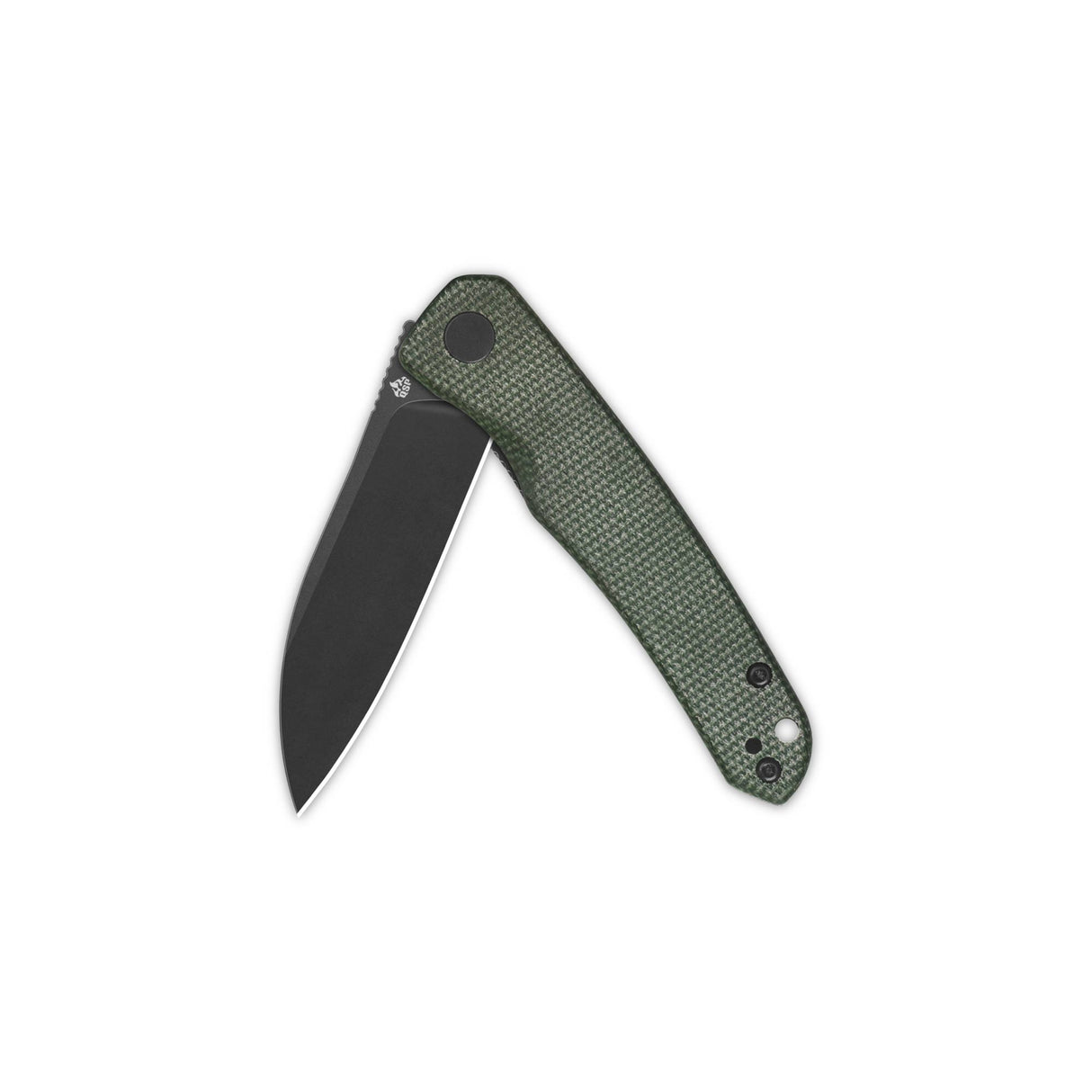 QSP Otter pocket knife folded, green micarta handle, black coated 14C28N blade