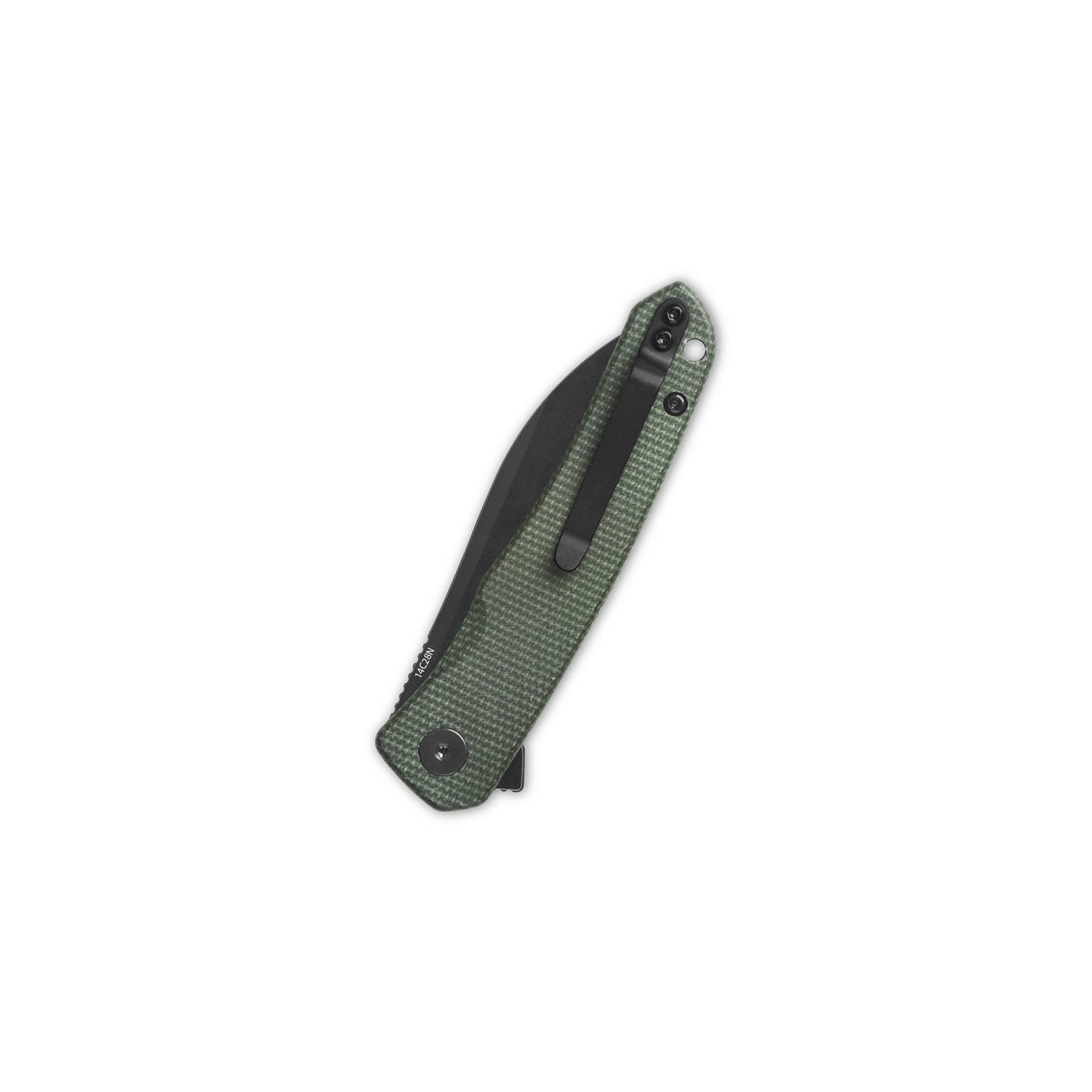 Folded QSP Otter pocket knife with green micarta handle and black coated blade