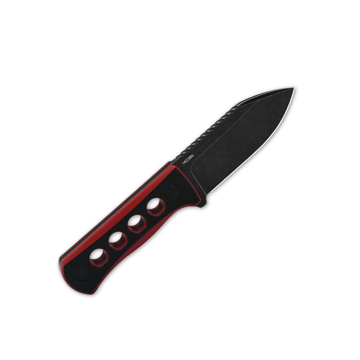 QSP Canary Neck Knife with 14C28N blade and black/red handle design.