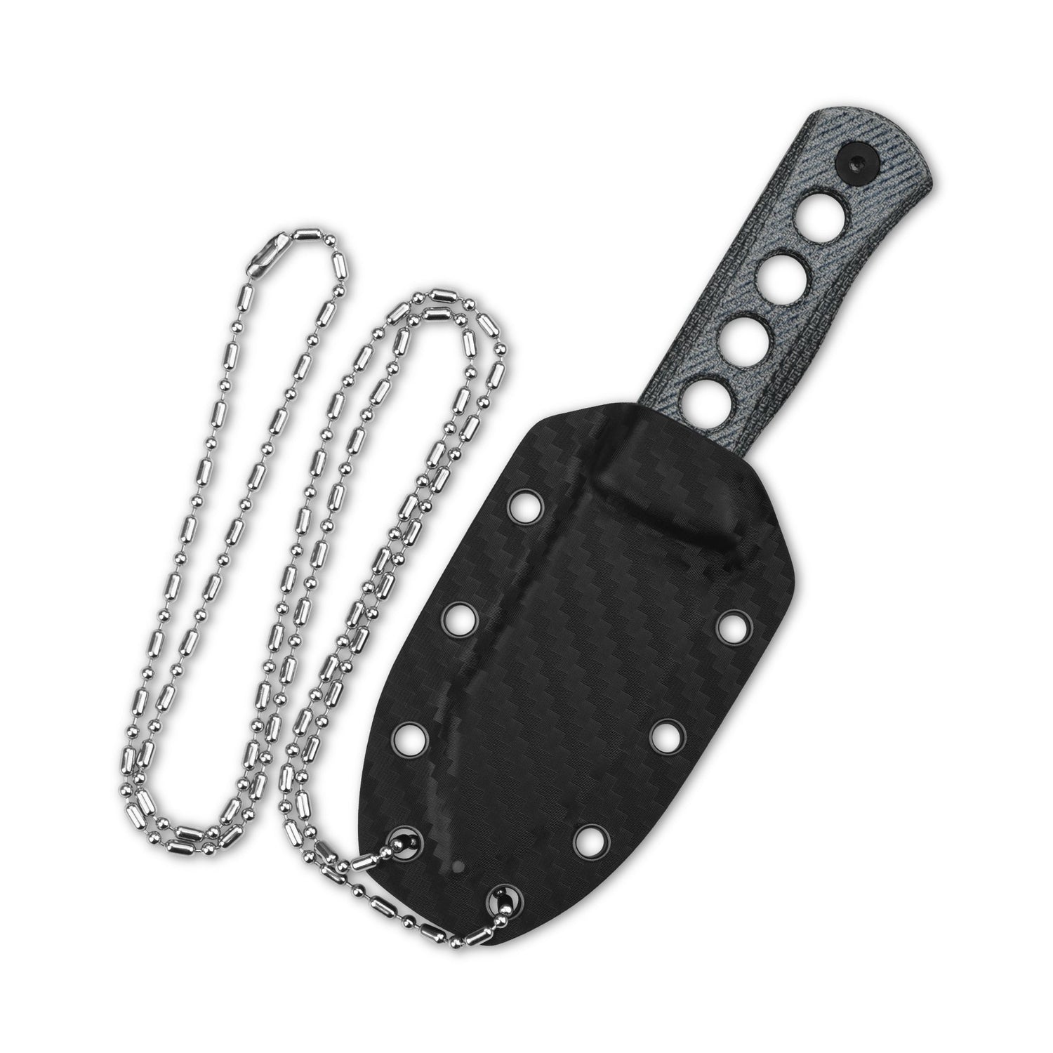 Kydex sheath for QSP Canary neck knife with chain and denim Micarta handle