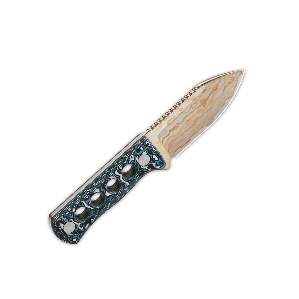 QSP Canary neck knife showcasing brass copper damascus blade and camo handle