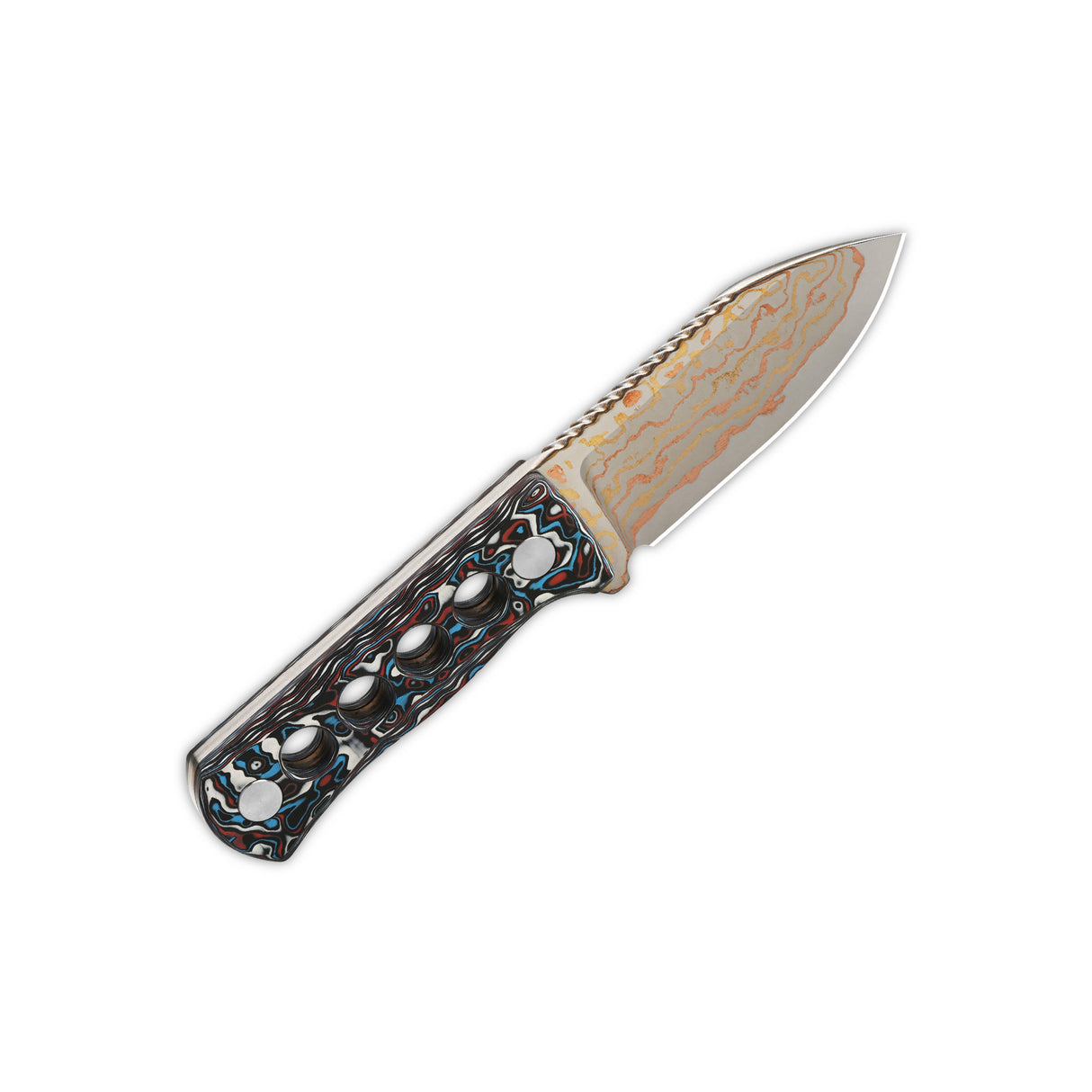 QSP Canary Neck Knife with brass copper damascus blade and camo carbon fiber handle.