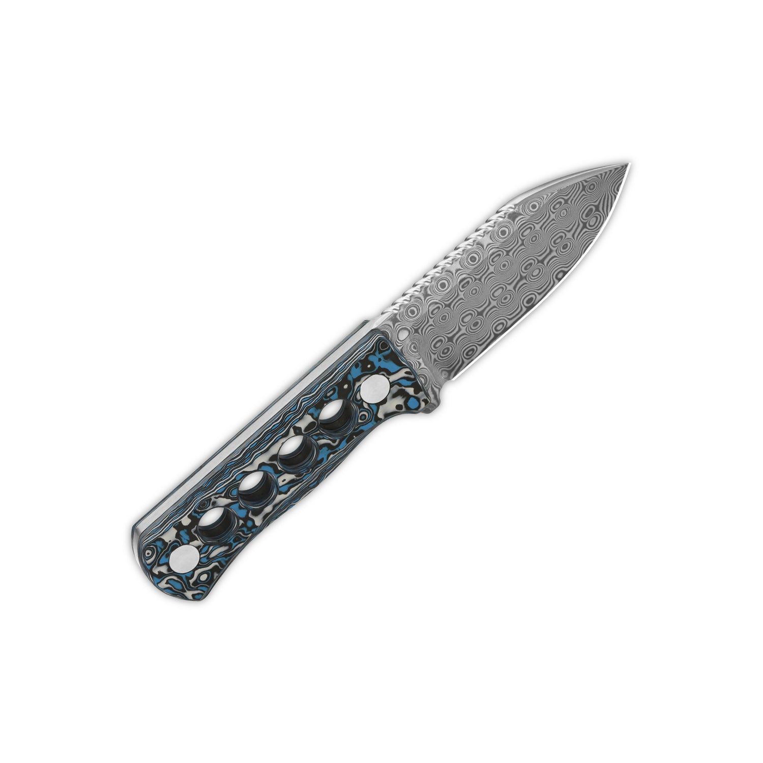 QSP Canary Neck Knife with laminated Damascus blade and camo handle, includes sheath.