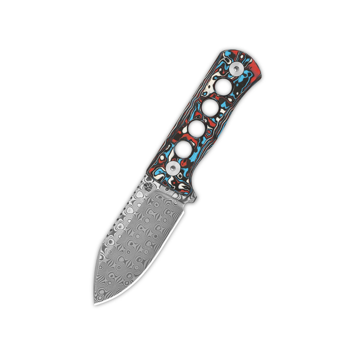 QSP Canary Neck Knife with Laminated Damascus blade and colorful camo handle.