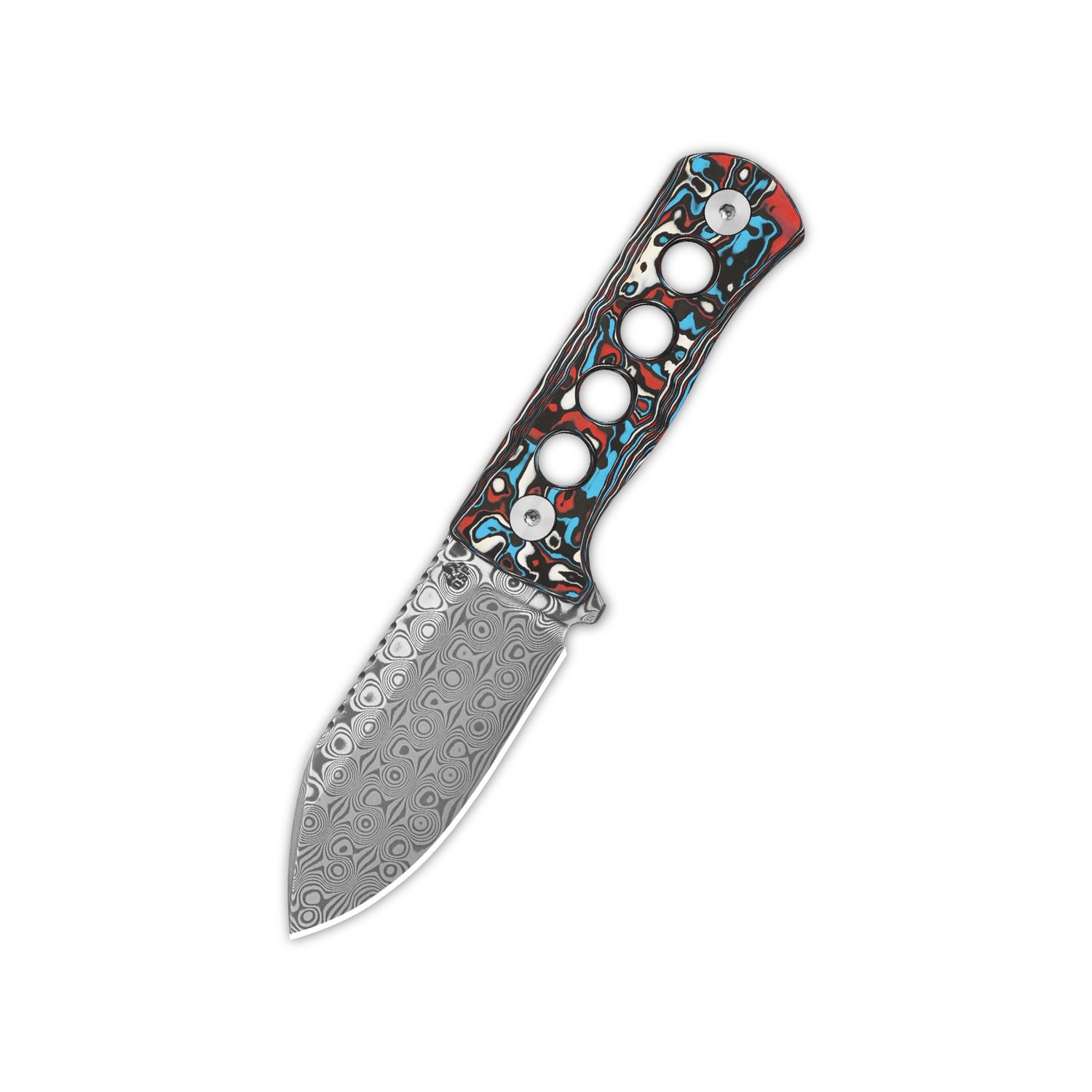 QSP Canary Neck Knife with Laminated Damascus blade and colorful camo handle.