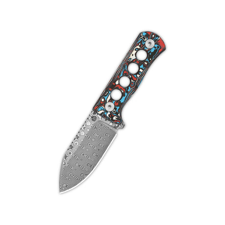 QSP Canary Neck Knife with Laminated Damascus blade and colorful camo handle.