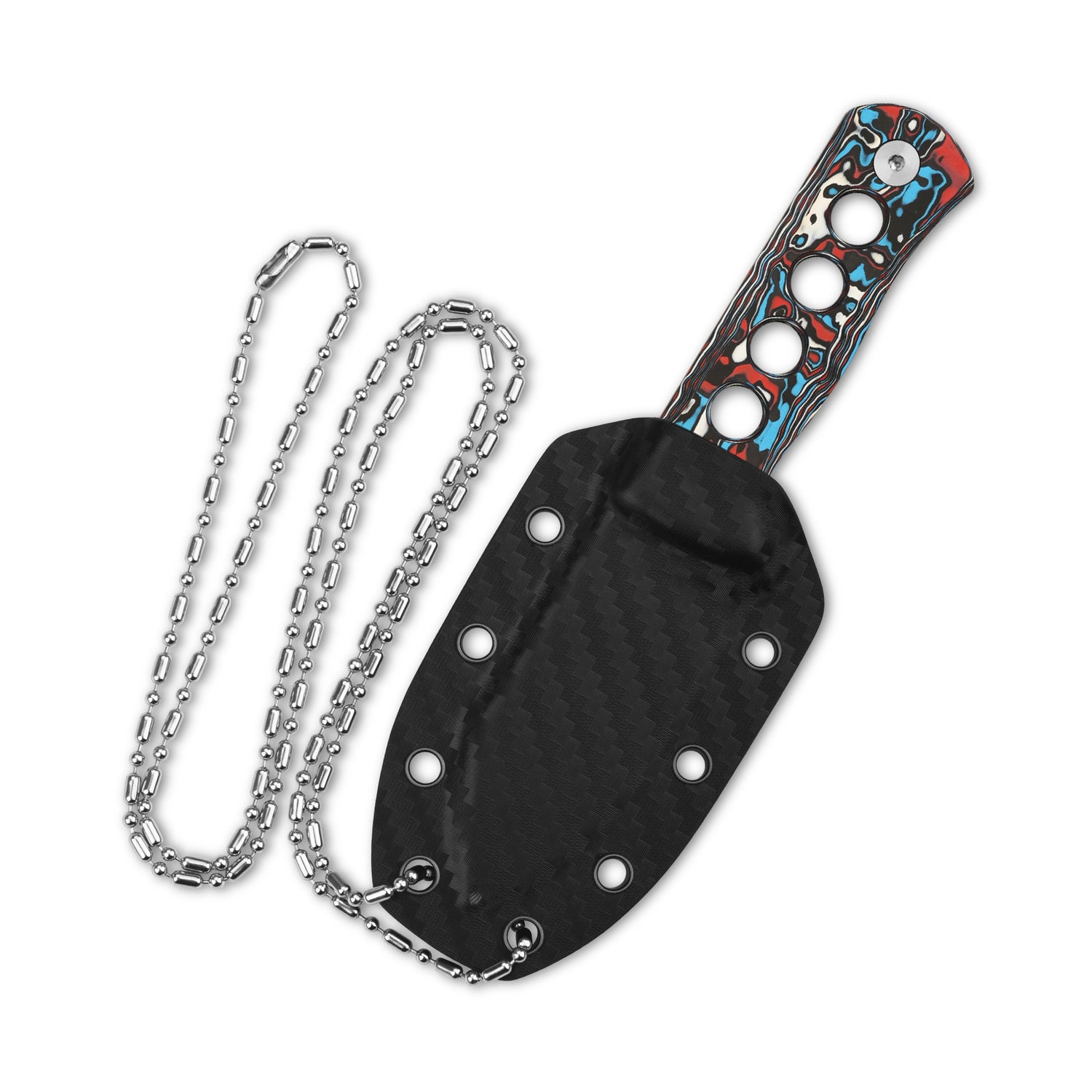 QSP Canary Neck Knife in Kydex sheath with chain for easy carry.