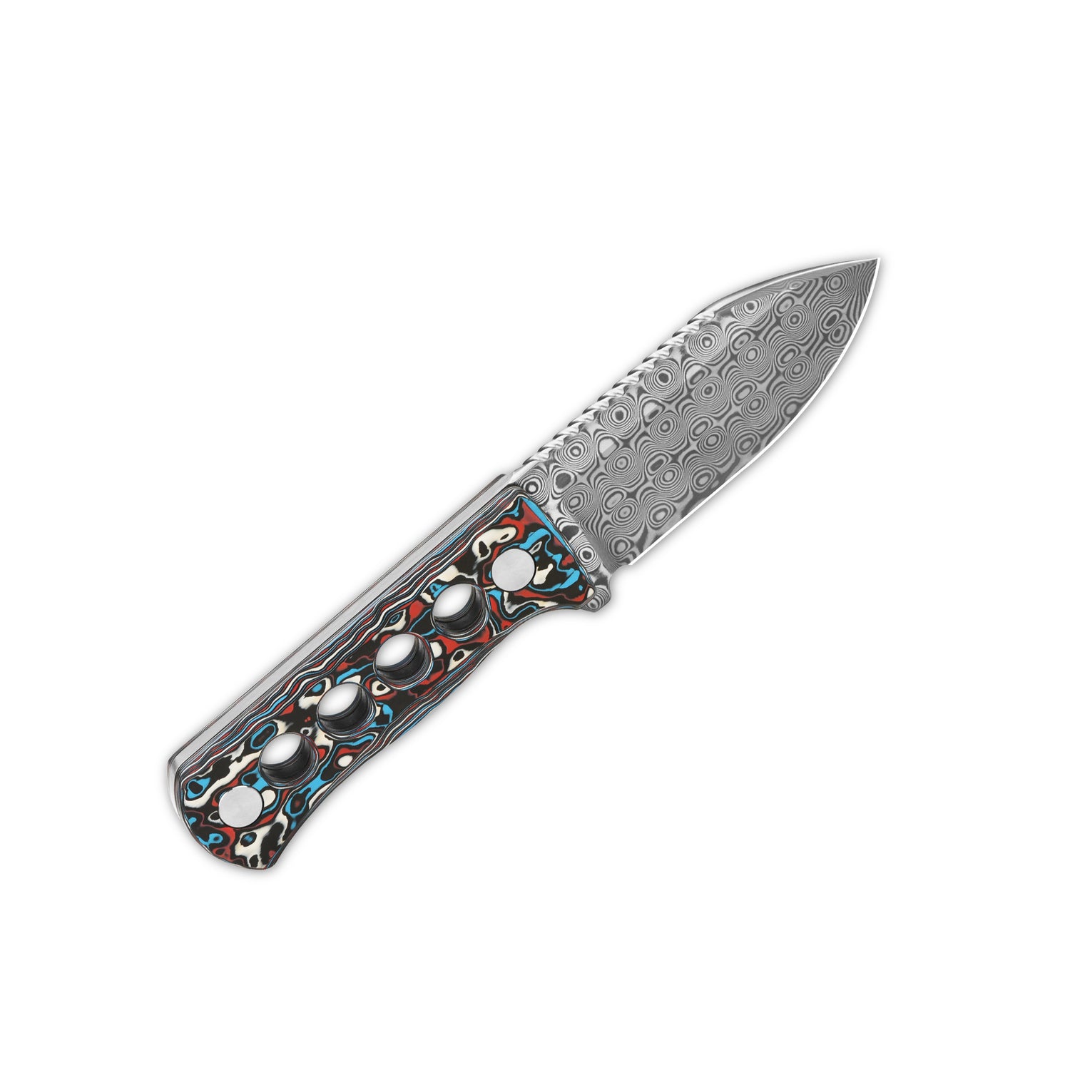 QSP Canary Neck Knife with laminated Damascus blade and colorful camo handle.