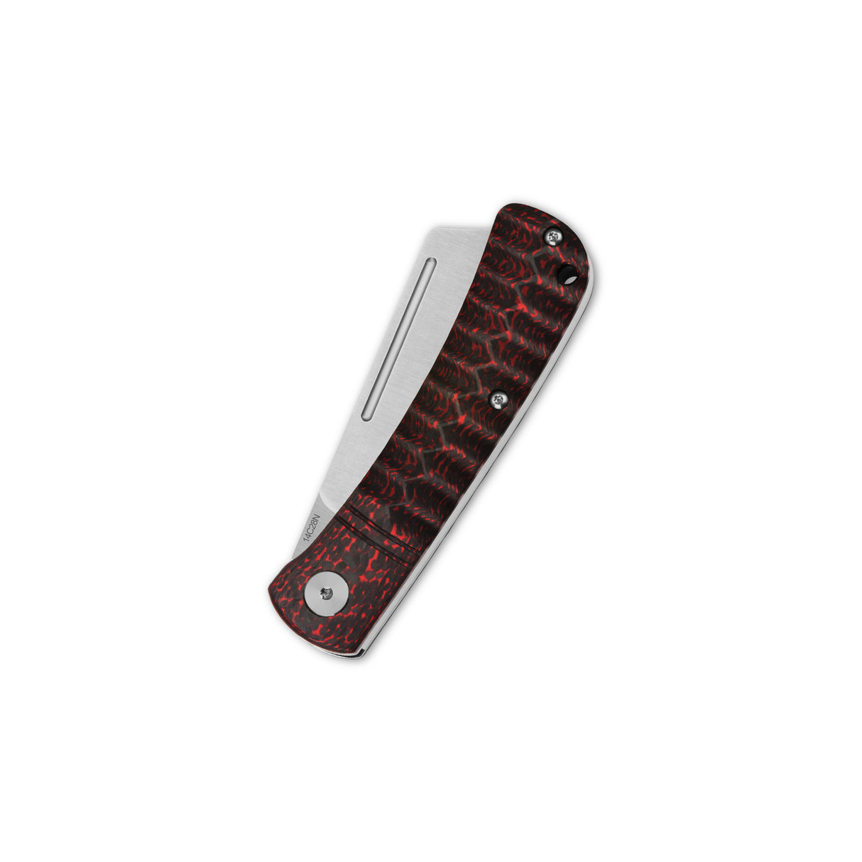 Closed QSP Hedgehog Pocket Knife with patterned carbon fiber handle and 14C28N blade