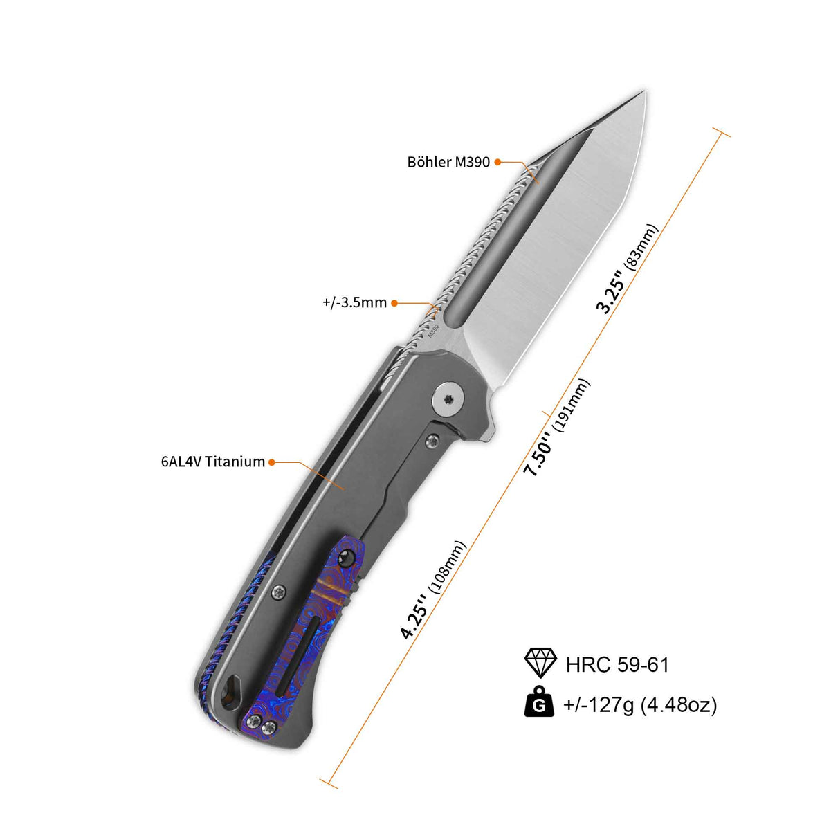 QSP Rhino Pocket Knife with Böhler M390 blade, titanium handle, and specs diagram.