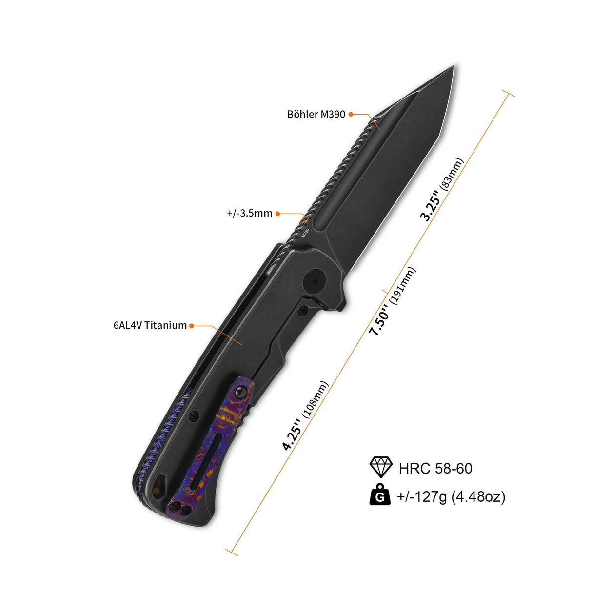 QSP Rhino Pocket Knife Böhler M390 Flat Blade  Titanium Handle