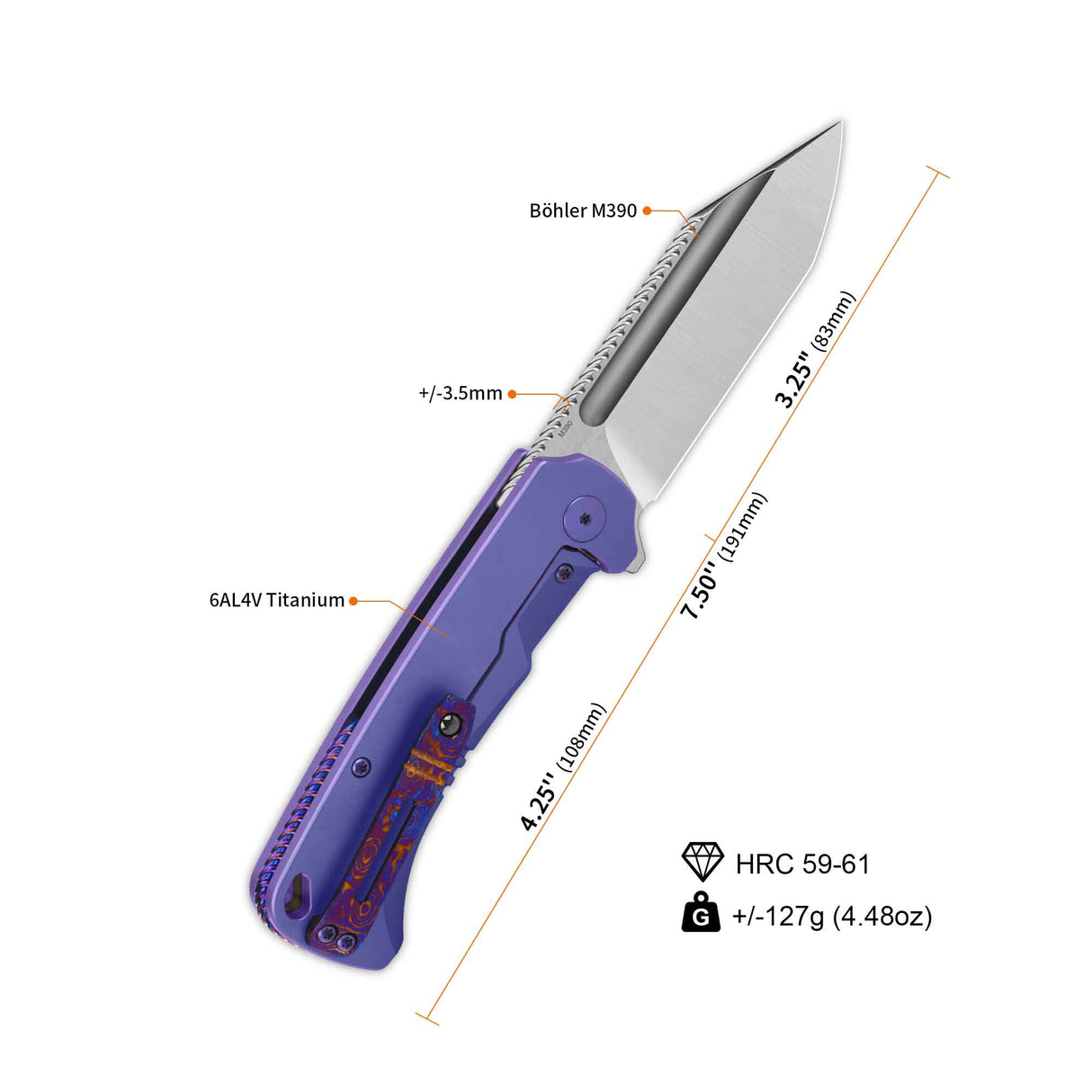 QSP Rhino Pocket Knife with titanium handle and tanto blade specifications.