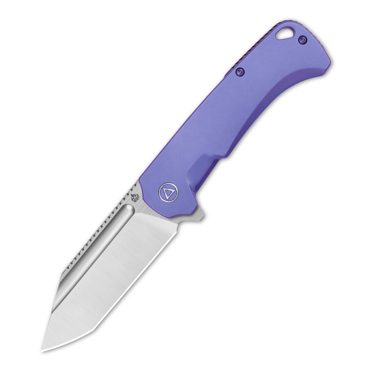 QSP Rhino Pocket Knife with flat Böhler M390 blade and purple titanium handle.