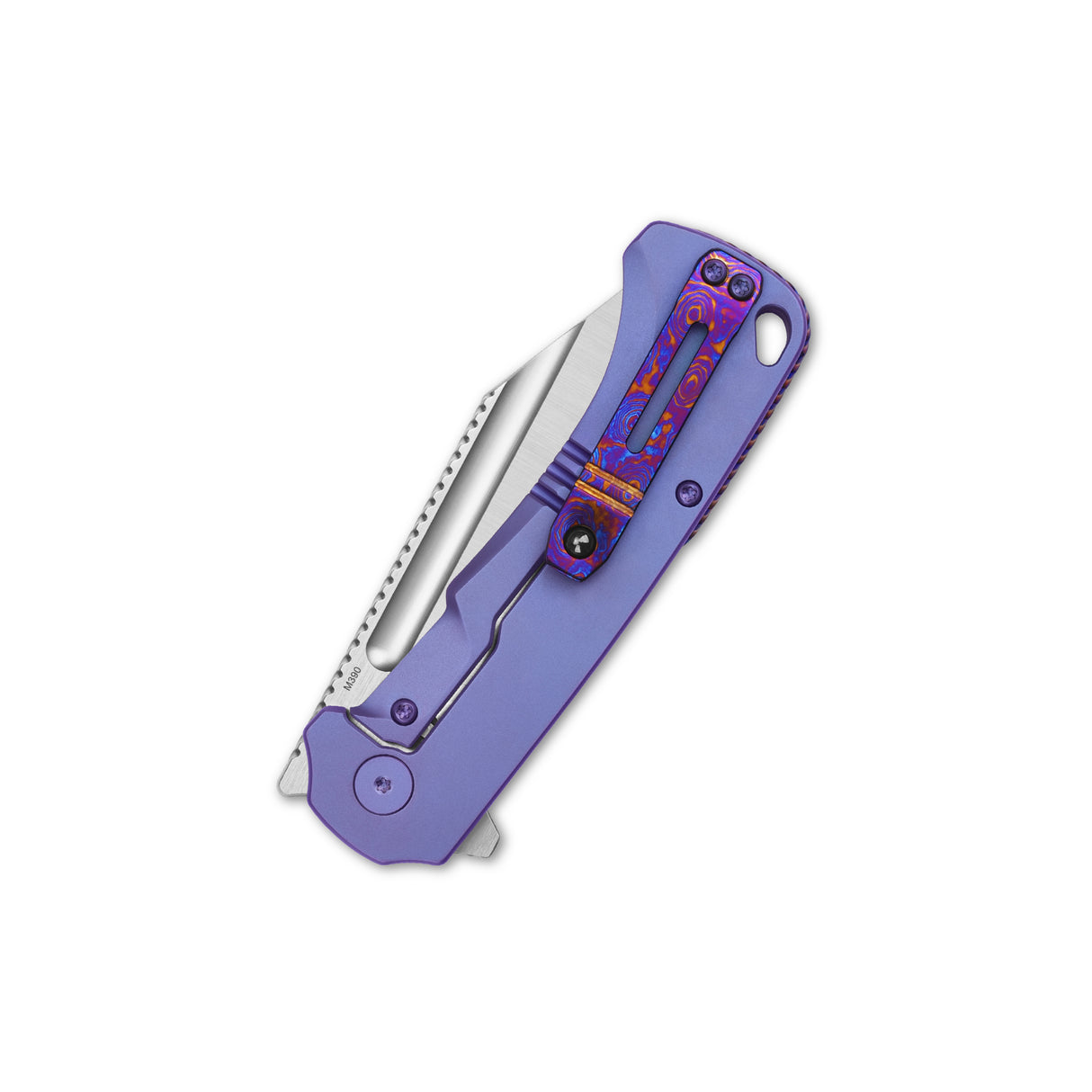 Closed QSP Rhino Pocket Knife with purple titanium handle and Mokuti backspacer