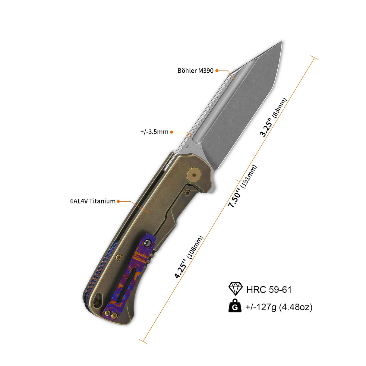 QSP Rhino Pocket Knife specs: Böhler M390 blade, titanium handle, dimensions, weight.