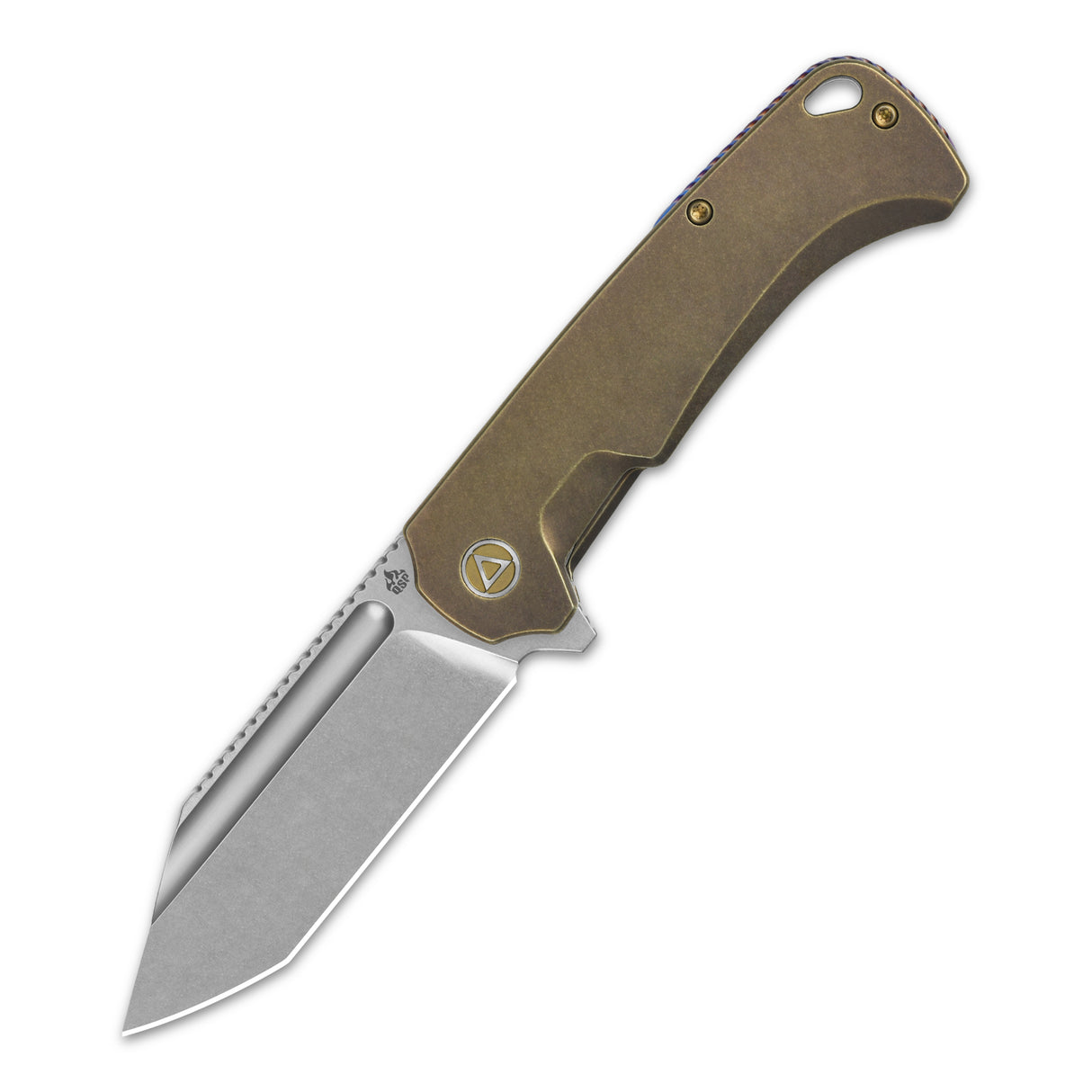 QSP Rhino Pocket Knife with flat Böhler M390 tanto blade and bronze titanium handle.