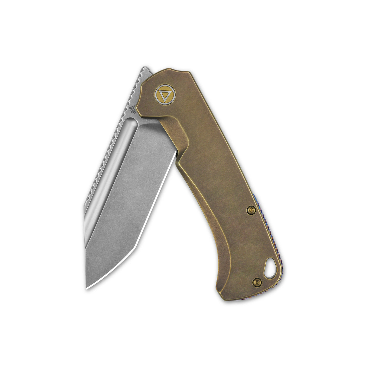 QSP Rhino Pocket Knife with bronze titanium handle and tanto blade, partially open.