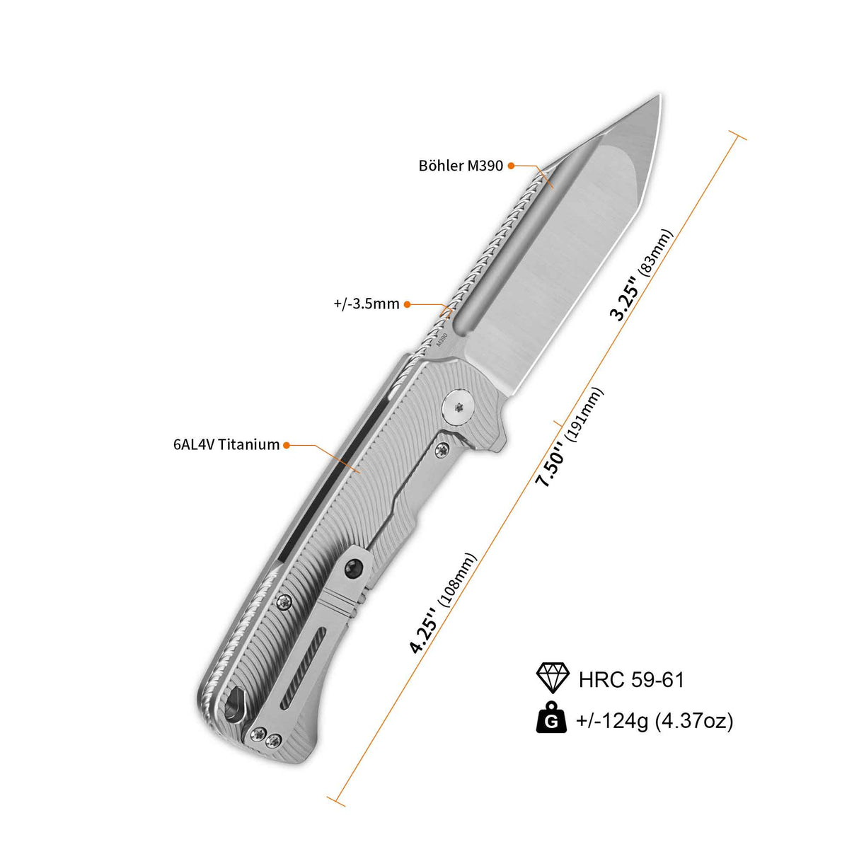 QSP Rhino Pocket knife Böhler M390 Compound blade Texture Titanium handle