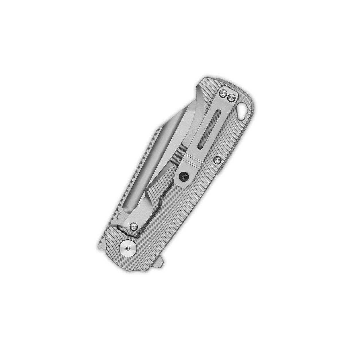 Close-up of QSP Rhino pocket knife with textured titanium handle and frame lock