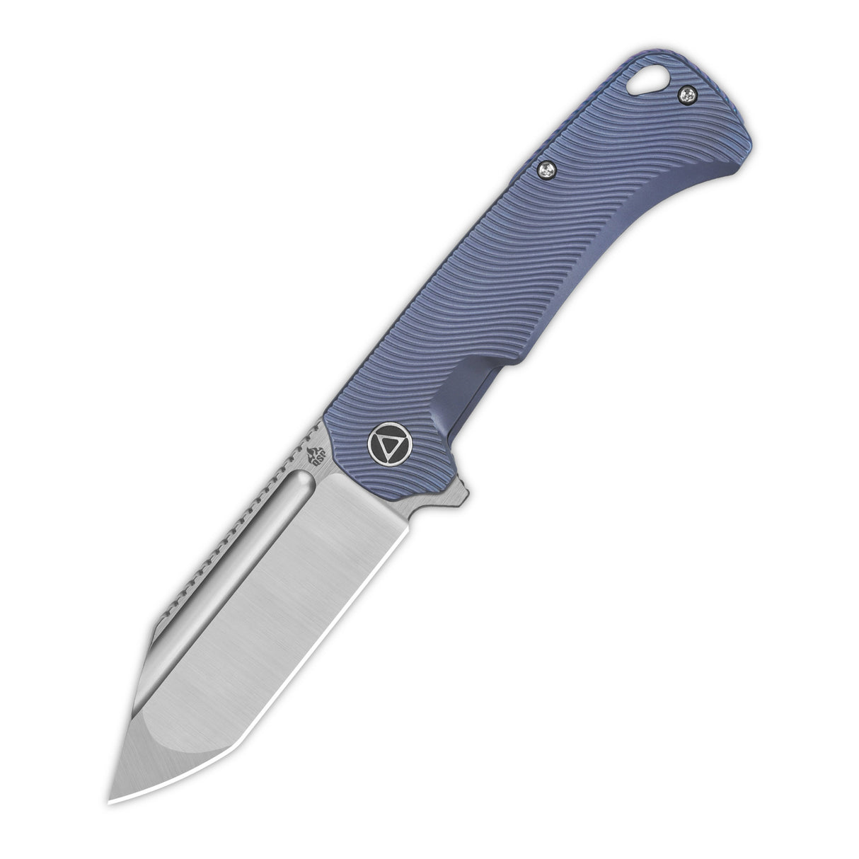 QSP Rhino pocket knife with tanto blade and blue textured titanium handle
