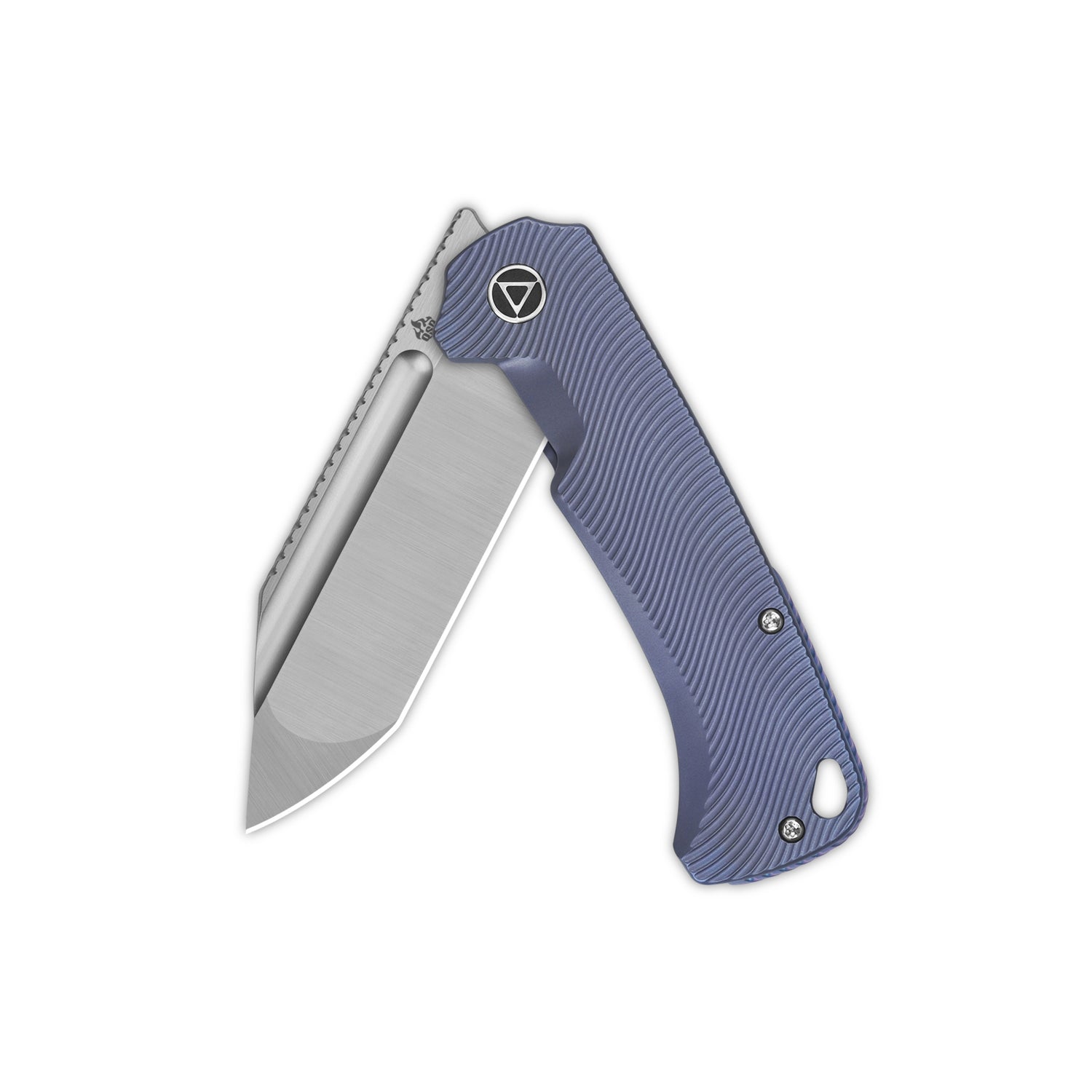 QSP Rhino pocket knife with tanto blade and textured titanium handle, side profile.