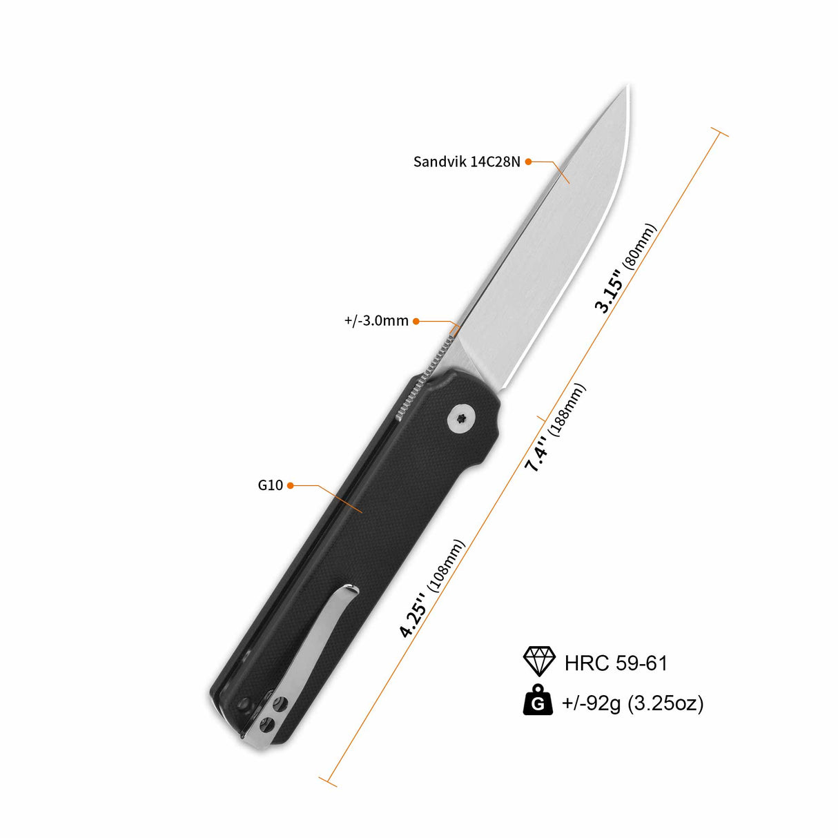 QSP Lark pocket knife dimensions with G10 handle and Sandvik 14C28N blade.