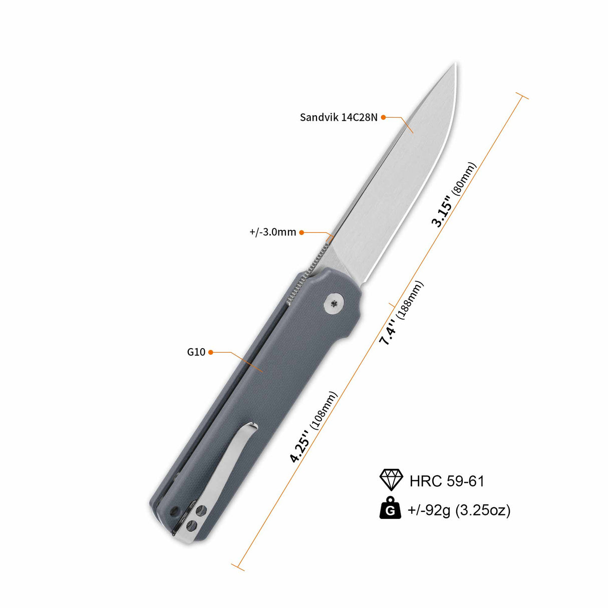 QSP Lark pocket knife features with G10 handle and 14C28N drop point blade.
