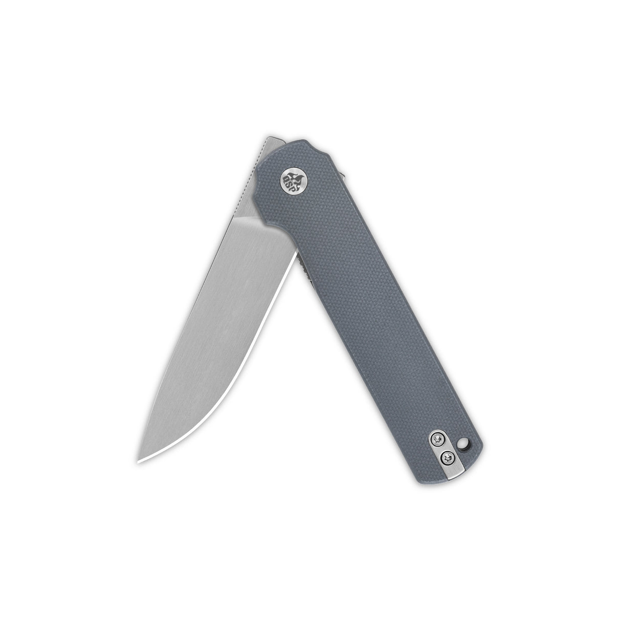 QSP Lark pocket knife with grey G10 handle and satin 14C28N blade, folded position.