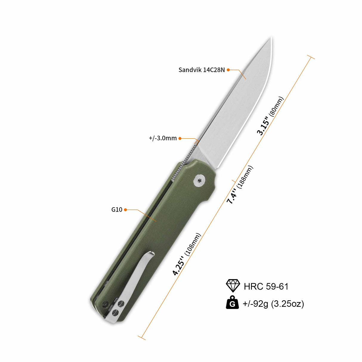 QSP Lark pocket knife with olive green G10 handle and 3.15" blade in folded position.