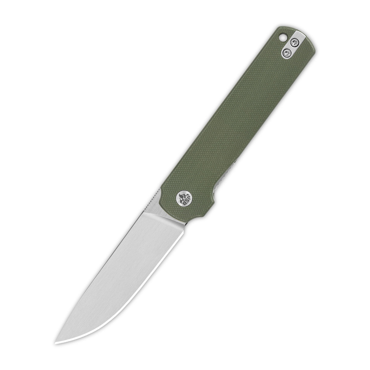 QSP Lark pocket knife with olive green G10 handle and satin finish 14C28N blade.