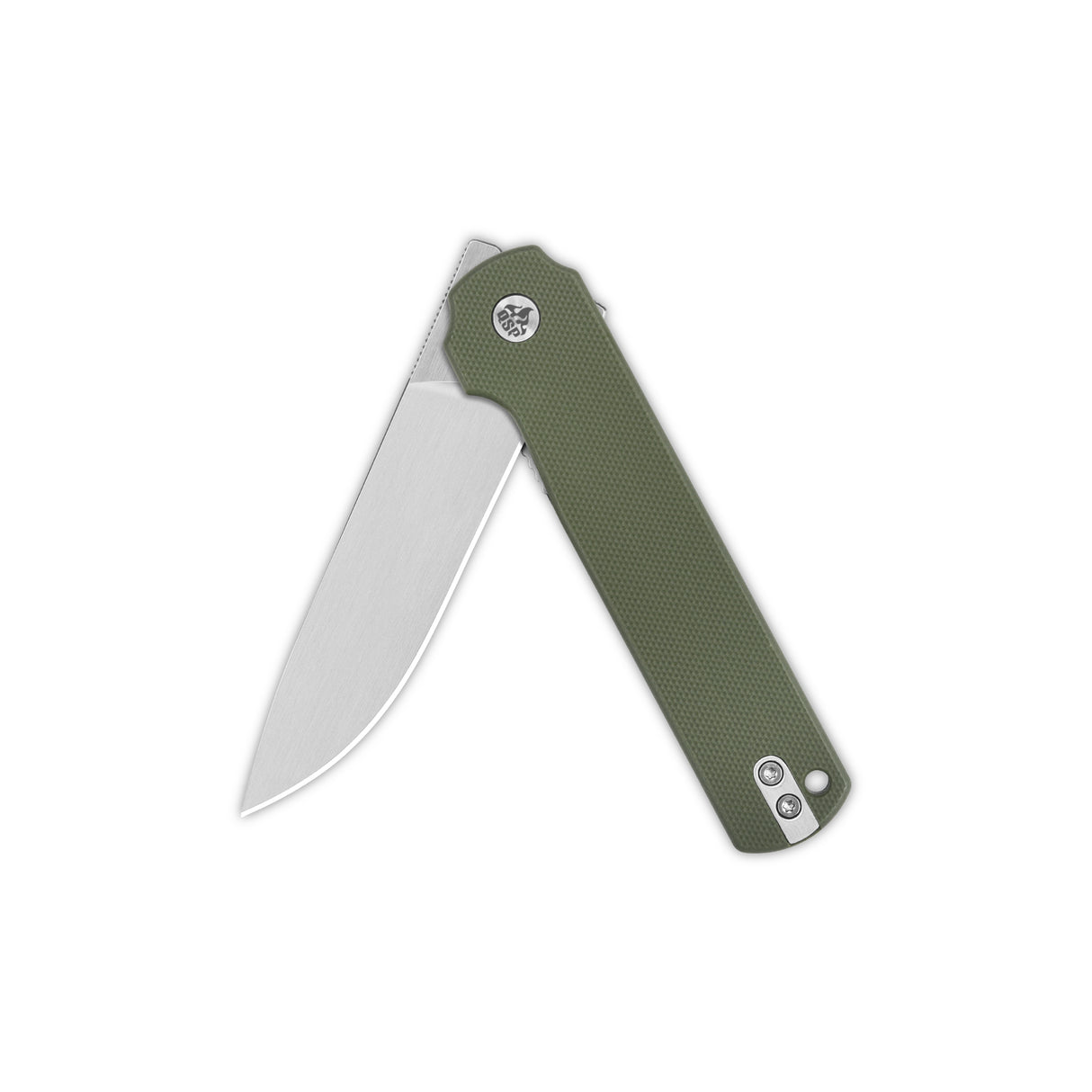 Olive green G10 handle QSP Lark pocket knife with satin 14C28N blade, folded.