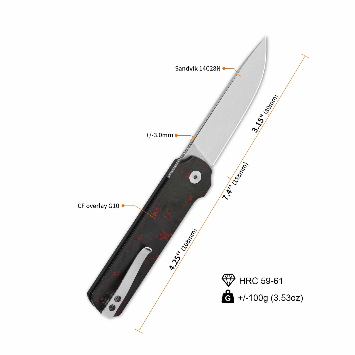 QSP Lark pocket knife with Sandvik 14C28N blade and CF overlay G10 handle features.