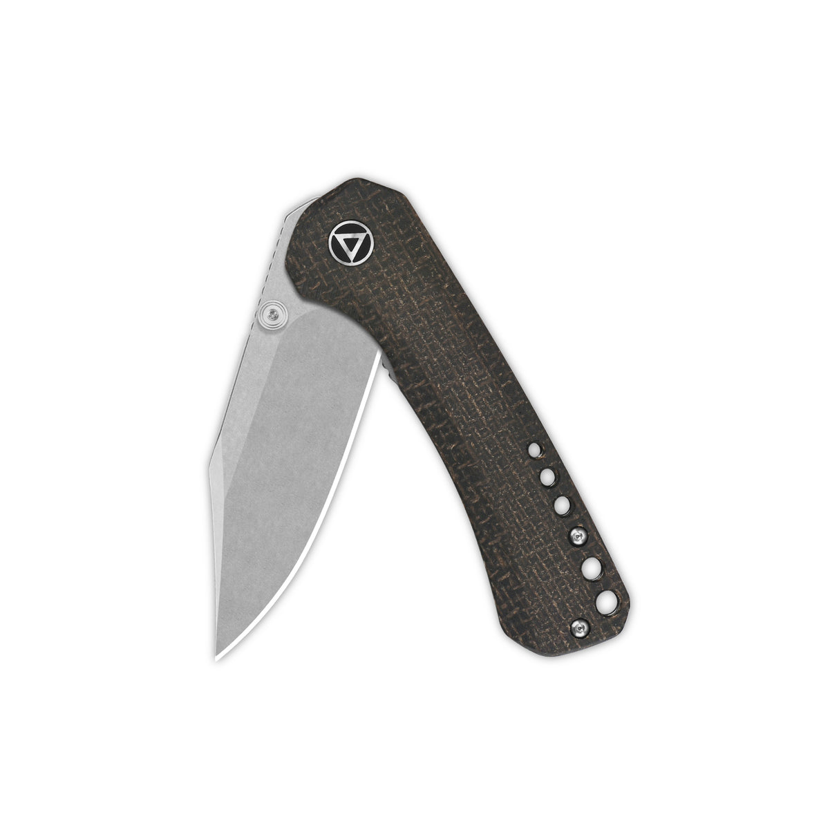 Closed QSP Kestrel pocket knife featuring dark brown micarta handle and clip point blade.